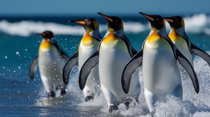 Fototapeta premium A dynamic shot of penguins emerging from the water is perfect for articles about wildlife, travel and ecology, drawing attention to the beauty of animal life.