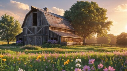 Wildflower farm landscape, rustic wooden barn surrounded by vibrant wildflowers, warm sunlight casting long shadows, traditional charm and peaceful countryside vibes, barn near a wildflower meadow