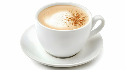 Fototapeta premium Creamy Cappuccino in White Cup on Saucer, isolated on white background, ideal for cafe menu