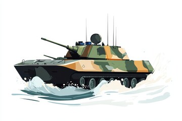 Military Tank in Camouflage Design Navigating Through Water