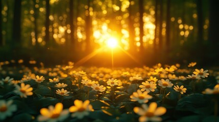 Obraz premium Golden sunset in a field of wildflowers