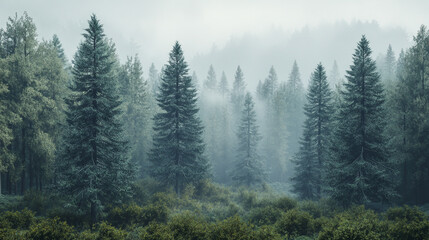 Fototapeta premium A Tranquil Depiction of a Pine Forest – Tall Evergreen Trees Standing Strong in a Serene Environment