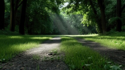 Sunlit path through a green forest