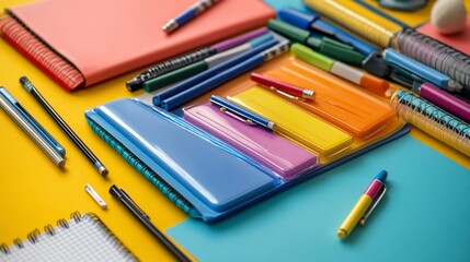 Colorful pens, notebooks, and markers arranged on a bright yellow and blue background