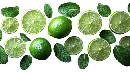 A Fresh Slice of Citrus: An overhead arrangement of sliced and whole limes and fresh mint leaves. perfect for showcasing the vibrant colors and freshness of natural ingredients