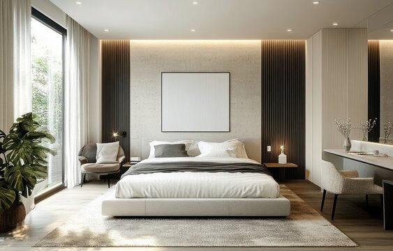 Fototapeta Modern Scandinavian Bedroom Design with Minimalist Furniture and Soft Lighting
