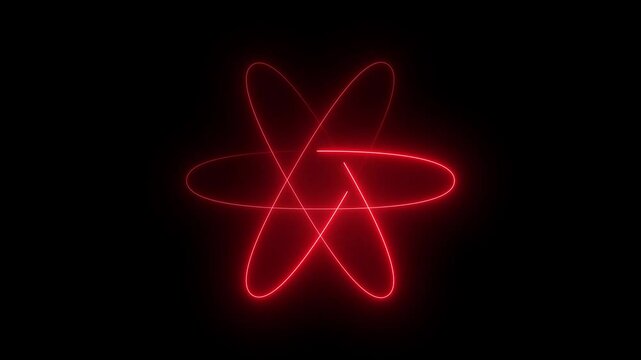neon Atom or medullar icon . nucleus, neutrons, protons and electrons orbits glowing. Atomic structure. Concept of physics, science. 4K motion video Animation isolated on black background.