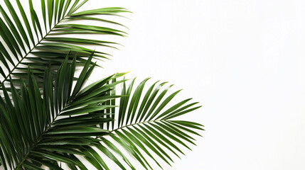 Fototapeta premium A vibrant palm tree branch with lush green leaves, set against a clean white background for a striking contrast