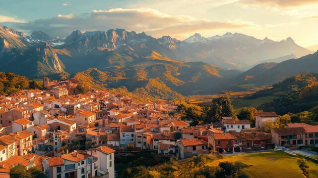 A beautiful mountain village is illuminated by the warm hues of the sunset. Charming homes with terracotta roofs nestle amid lush greenery and majestic peaks