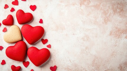 Fototapeta premium A collection of red and beige heart-shaped cookies arranged artistically with smaller red hearts scattered on a textured background, perfect for promoting love, celebrations, or sweet treats,