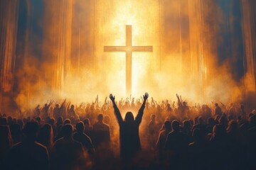 Spiritual Gathering in Cathedral with Silhouette Worshiping Cross in Dramatic Baroque Style