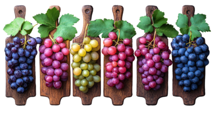 Vibrant Grape Display: A visually striking arrangement of various grape varieties, each presented on rustic wooden cutting boards with accompanying leaves.