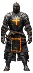 PNG Knight in dark armor with gold cross emblem