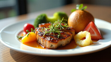 Grilled fish served with colorful vegetables and fruit garnishes on a white plate