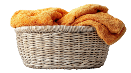 Cozy Comfort: A woven basket overflows with a pile of soft, orange towels, evoking a sense of relaxation and warmth. The textures and hues of the scene combine to create a feeling of homey comfort.