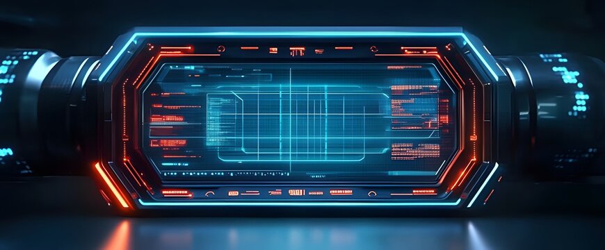 Illustration of an Abstract Futuristic Background with Blue Glowing Technology Sci-Fi Frame, HUD UI, and Digital Borders with Crosshairs.