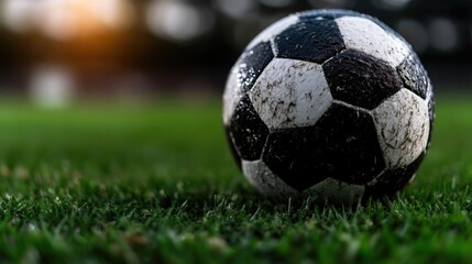 Dirty soccer ball on a grassy field.  Close-up view of a used soccer ball, covered in dirt and dampness, resting on a vibrant green field