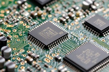 Fototapeta premium Close-Up View of Microchips on a Green Circuit Board