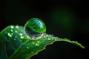 A translucent sphere rests on a dewy leaf, reflecting the surrounding greenery.  The close-up captures the intricate details of the water droplets on the leaf's surface