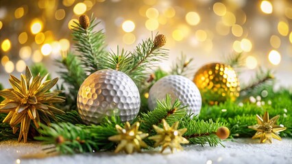 Festive Golf Background: Gold Snowflakes, Pine Branches, Golf Balls & Clubs on White