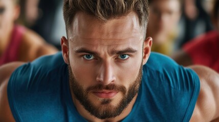 Fototapeta premium A focused young man engages in a workout, showcasing determination and strength, ideal for fitness promotions, gym advertisements, and motivational campaigns,