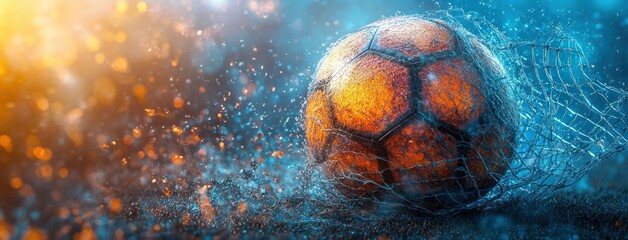 Soccer Ball in Net with Motion and Vibrant Colors in 3D Rendering