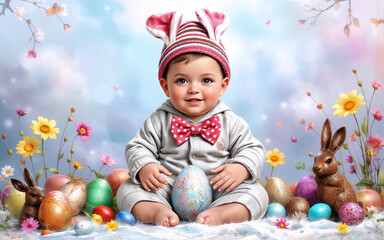 A sweet baby dressed in a bunny outfit celebrates Easter surrounded by colorful eggs and blossoms in a dreamy springtime scene.