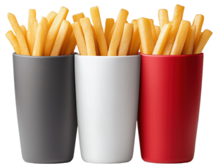 PNG French fries in gray, white, and red cups