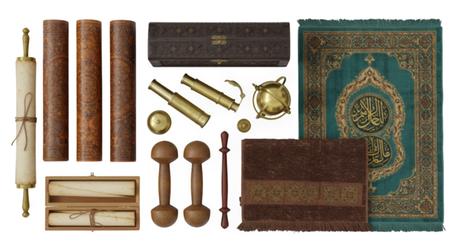 Antique Ottoman Artifacts:  Overhead View of Ornate Scrolls, Brass Vessels, and Prayer Rug on White
