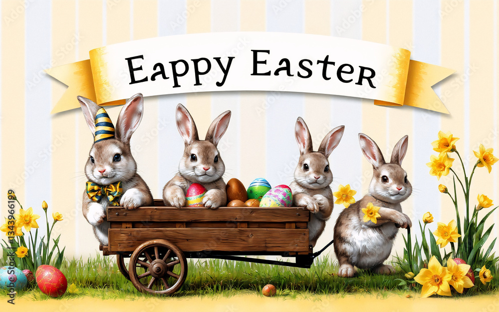 Poster four bunnies, one with a party hat, pull a wooden cart overflowing with colorful easter eggs through
