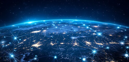 Digital illustration of Earth with glowing network connections in a futuristic global technology concept