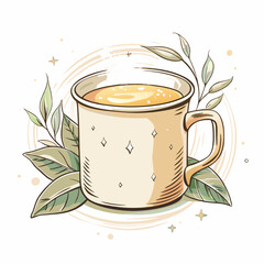 A beautifully illustrated cup of warm beverage surrounded by delicate leaves, showcasing a cozy and inviting atmosphere, perfect for promoting relaxation, wellness, and herbal teas.