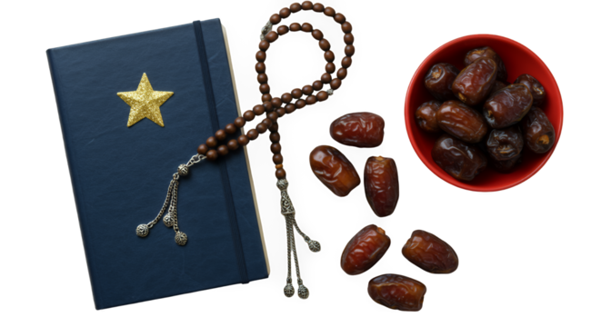Dark Blue Notebook Gold Star Brown Prayer Beads Red Bowl Dates Transparent Background
