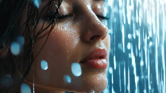A person stands still in a gentle rain, droplets forming glistening patterns on their face. The soft blue background enhances the contemplative atmosphere of the urban night