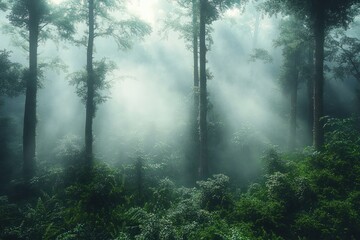 Misty Forest Landscape with Ethereal Light and Dense Foliage