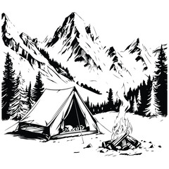 tent and campfire in the mountains sketch illustration