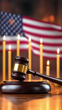 Justice is served with a gavel in front of an American flag and candles representing law