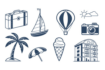 Summer Travel Icon Set Doodle-Style Vacation Vector with Camera, Travel Bag, and Palm Tree Vacation Illustrations.