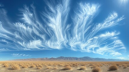 Fototapeta premium Panoramic view of surreal cirrus clouds over arid landscape horizon scenery