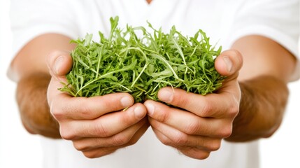Fresh arugula held in hands.