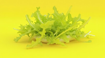 Fresh arugula leaves on a white plate on a bright yellow background.