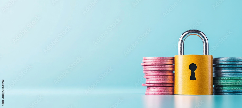 Poster A bright background showcases a yellow lock symbolizing banking security. Stacks of coins lie beside it, emphasizing the importance of privacy in financial management and protection.