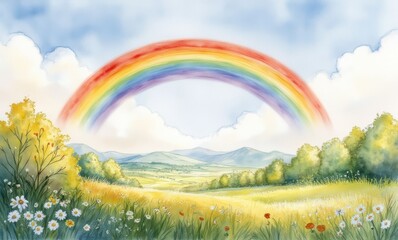 Vibrant rainbow over lush landscape
