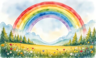 Vibrant rainbow over a scenic landscape