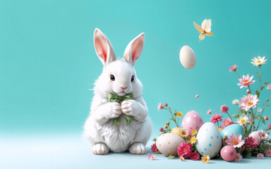 Fluffy white bunny with a green bow tie sits among colorful Easter eggs and spring flowers, with a butterfly on a soft blue backdrop.