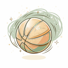 A dynamic basketball spinning in motion, illustrated in a playful style with pastel colors, representing the excitement of sports and the vibrant energy of basketball culture.