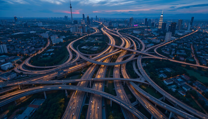 Obraz premium Modern Metropolis at Twilight A Vibrant Urban Landscape Showcasing Infrastructure and Connectivity with Awe Inspiring City Views