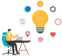 Glowing light bulb leads the businessman to fly outside the box

