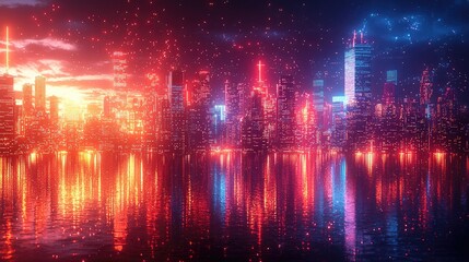 Fototapeta premium Vibrant city skyline at sunset with reflections on water and glowing lights