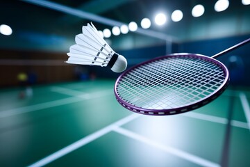 Badminton Shuttlecock and Racket in Action on a Court. A close-up shot of a badminton shuttlecock in mid-flight, with a racket slightly out of focus, against a teal-green court.